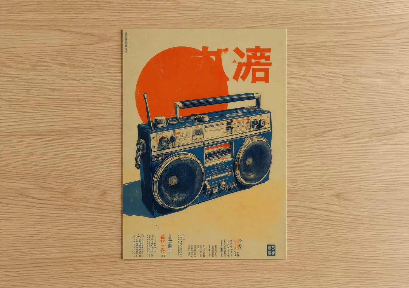 Vintage japanese ads art print on warm oak wood — orange and blue and gold palette — Retro Boombox poster