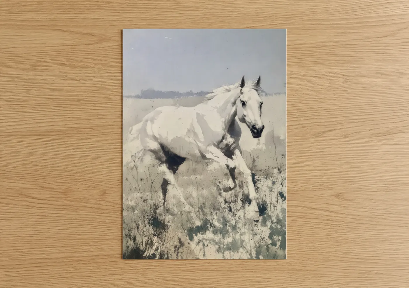 White Thoroughbred Horse Misty Field Wall Art