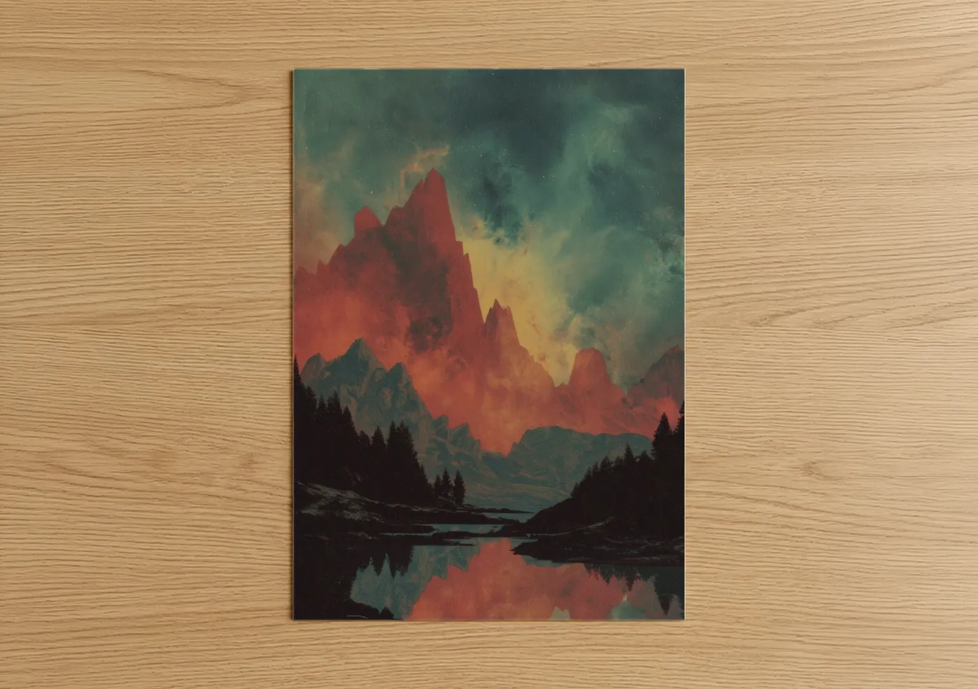 Art print on warm oak wood — red and teal palette — Crimson Mountain Dreamscape poster