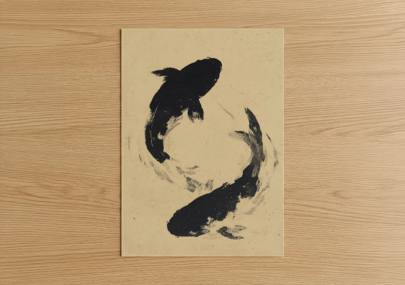 Art print on warm oak wood — black and white and cream palette — Pisces Duality poster
