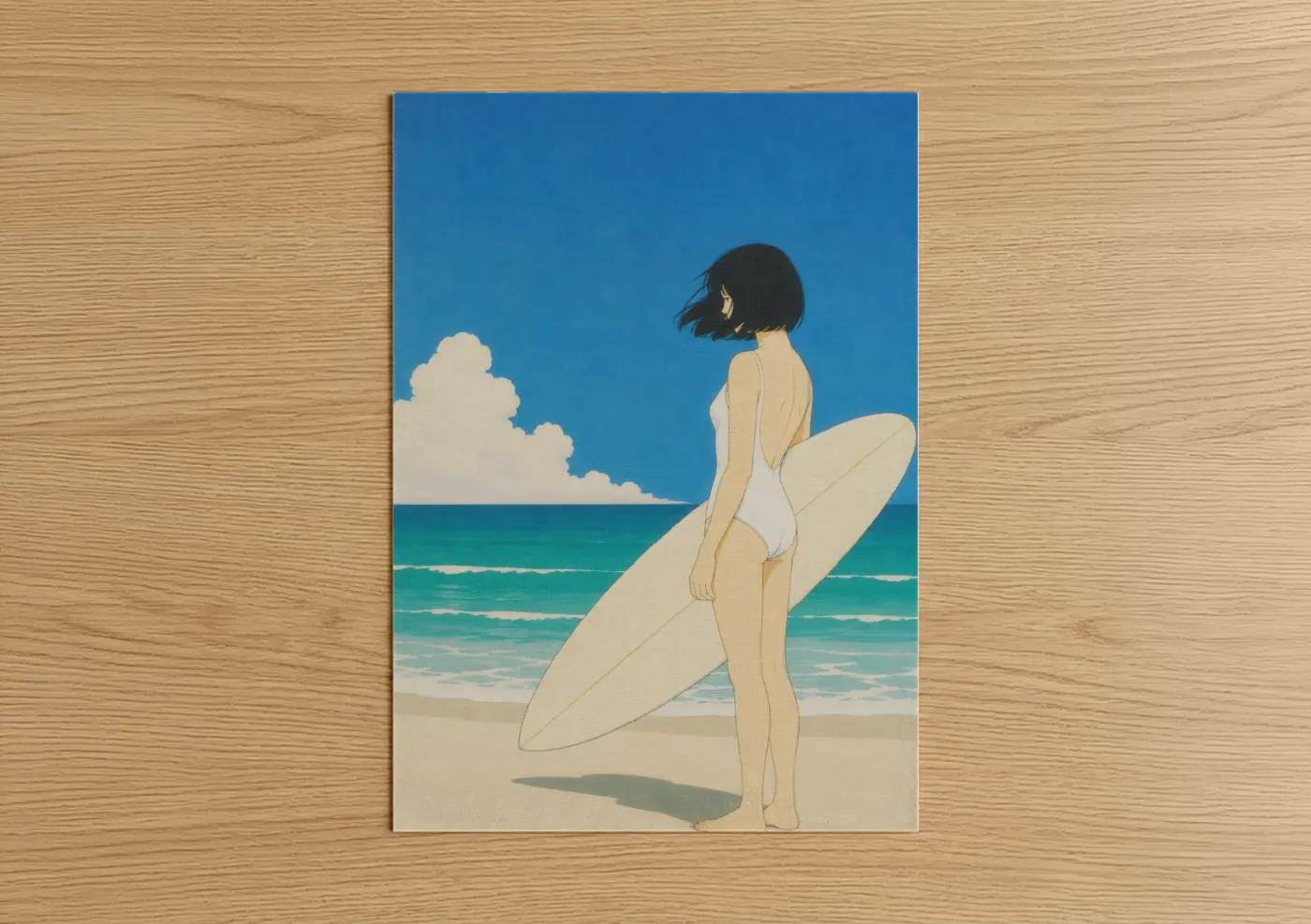 Surfing art print on warm oak wood — blue and teal palette — Beach Surfer Girl Wall Art poster