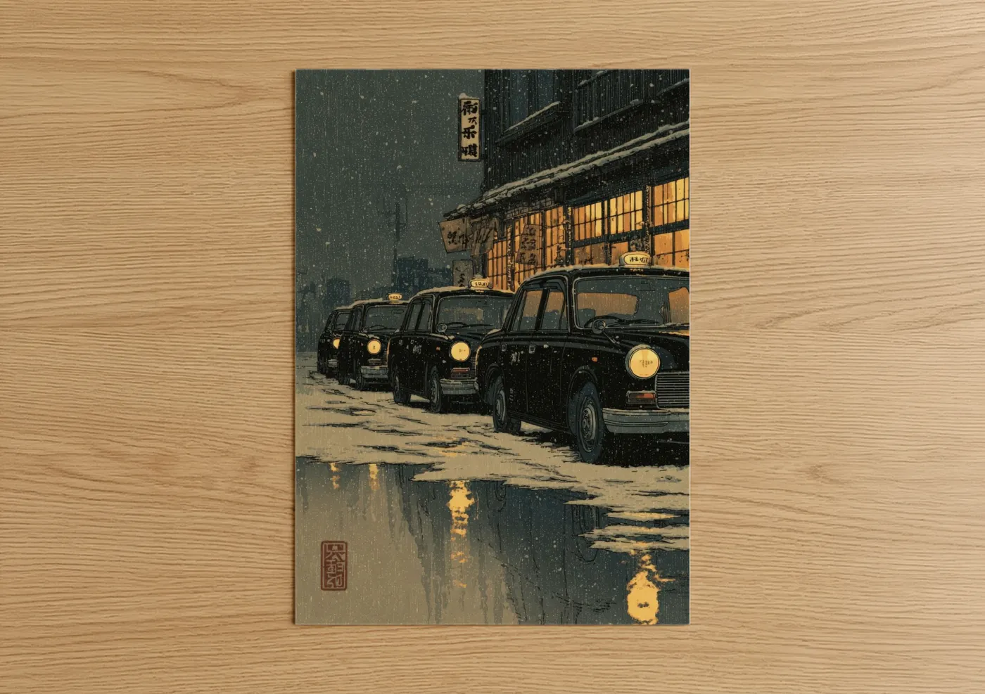 Taxi cab art print on warm oak wood — dark blue and gold palette — Rainy Tokyo Taxis poster