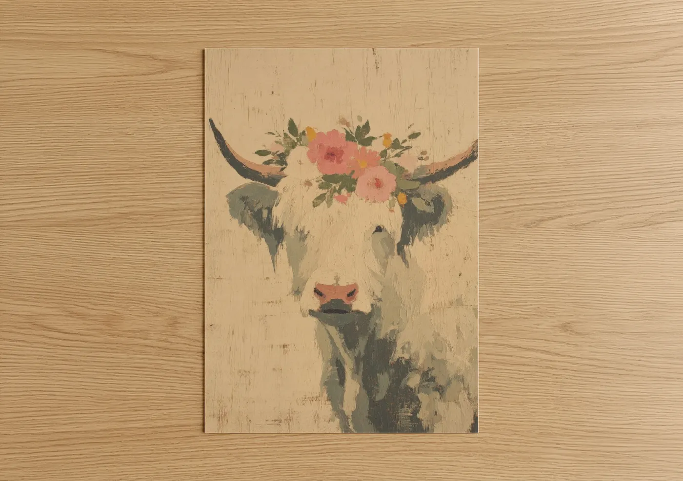 Art print on warm oak wood — cream and rose gold palette — Floral Taurus poster