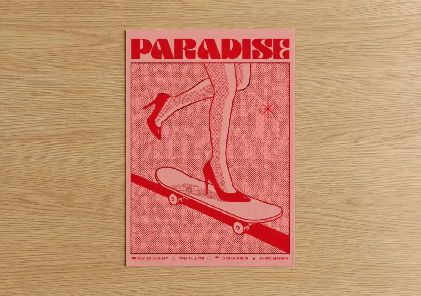 Skateboarding art print on warm oak wood — red and pink palette — Paradise Skateboard Fashion Wall Art poster