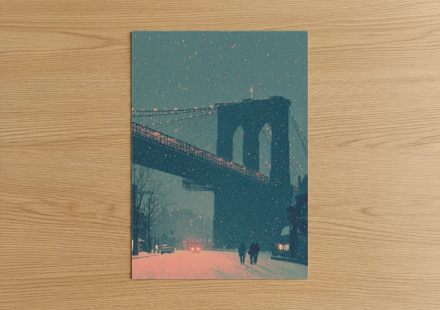 Bridges art print on warm oak wood — teal and salmon pink palette — Snowy Brooklyn Bridge poster