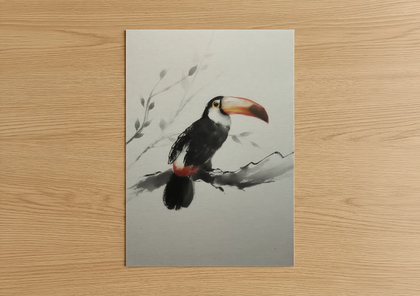 Art print on warm oak wood — black and white and gold and pink palette — Toucan Branch poster