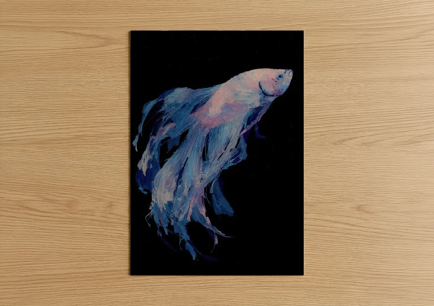 Art print on warm oak wood — blue and pink palette — Flowing Betta Fish poster