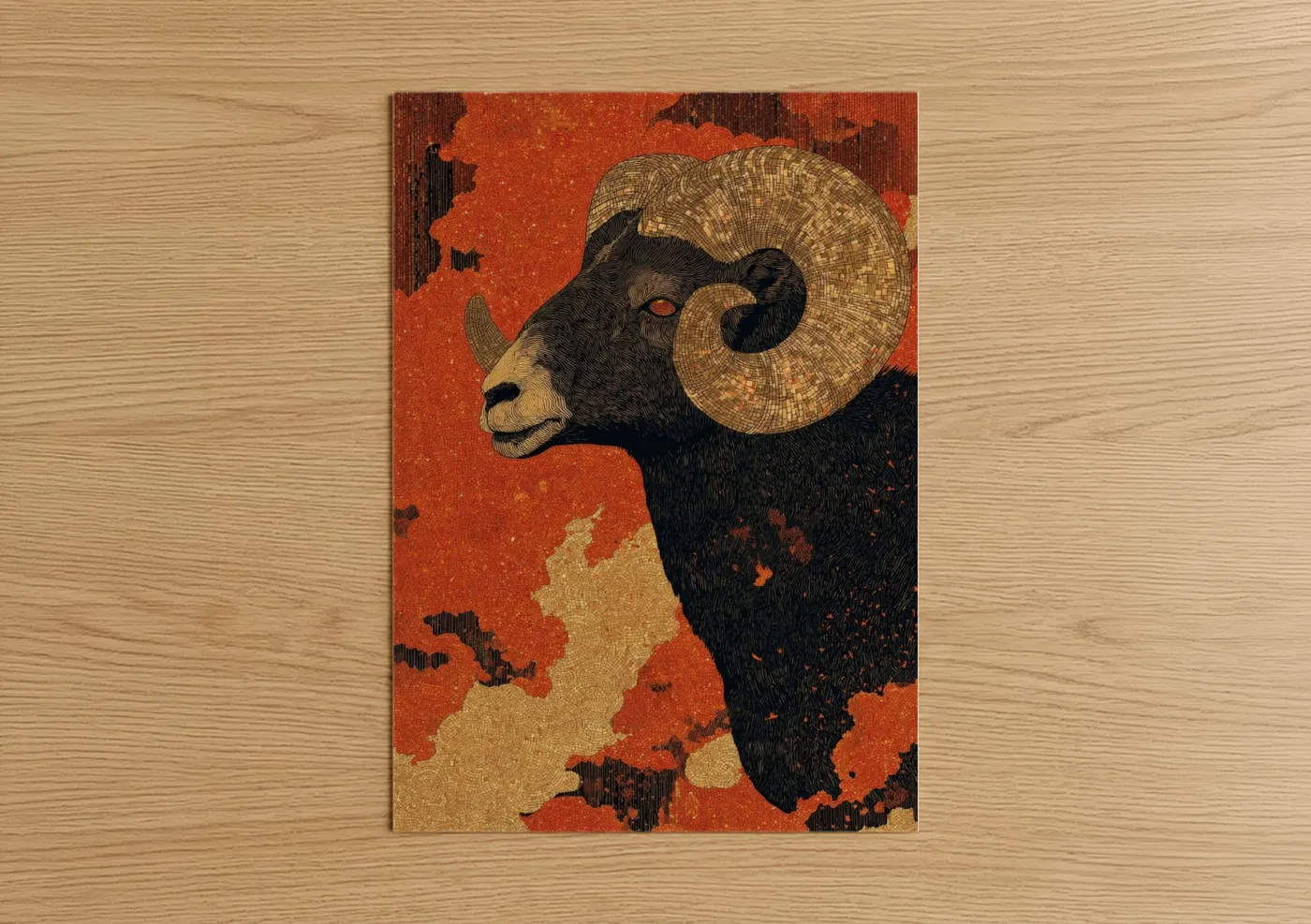 Aries art print on warm oak wood — red and gold palette — Celestial Ram poster