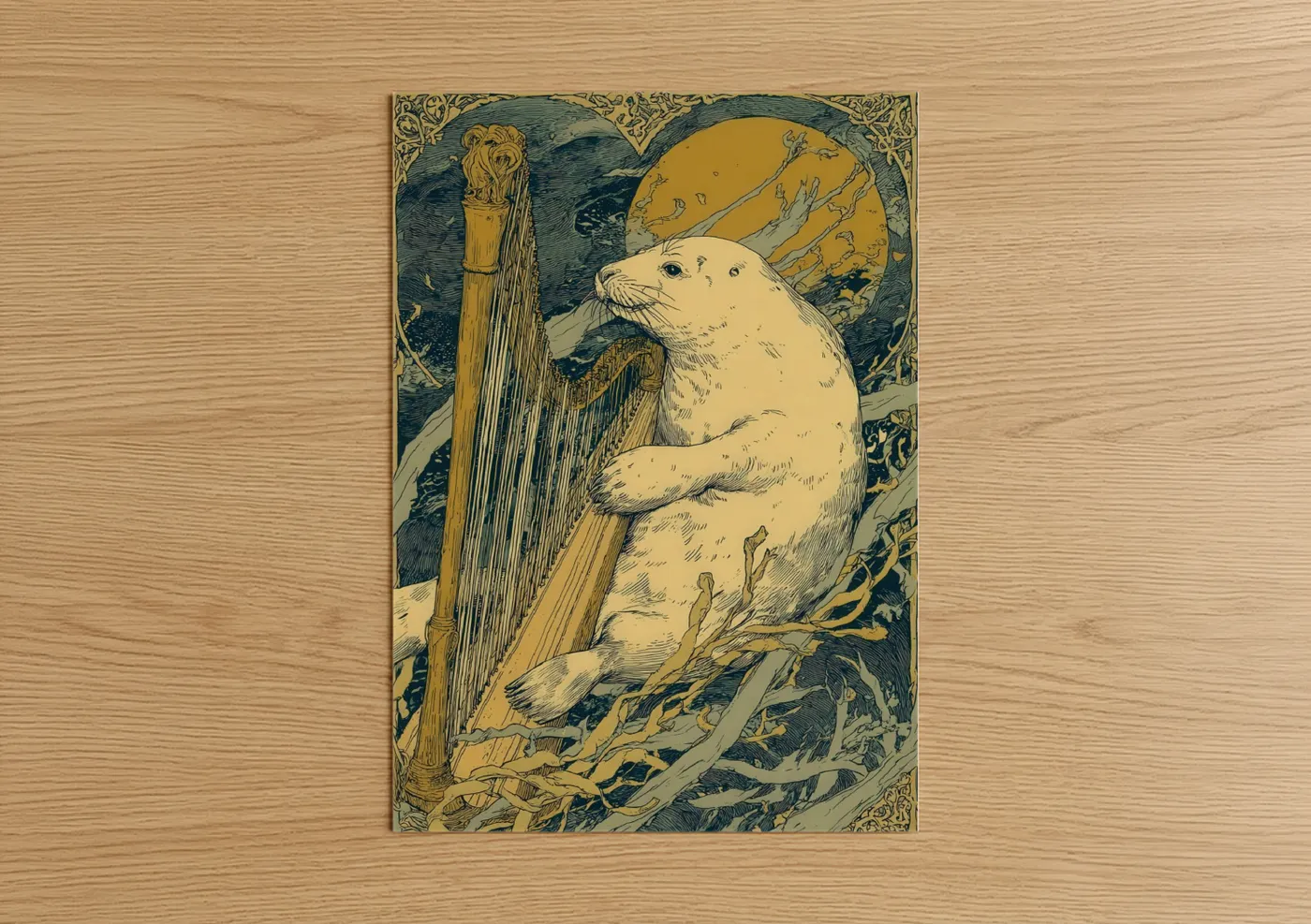 Moonlit Seal Musician Vintage Wall Art