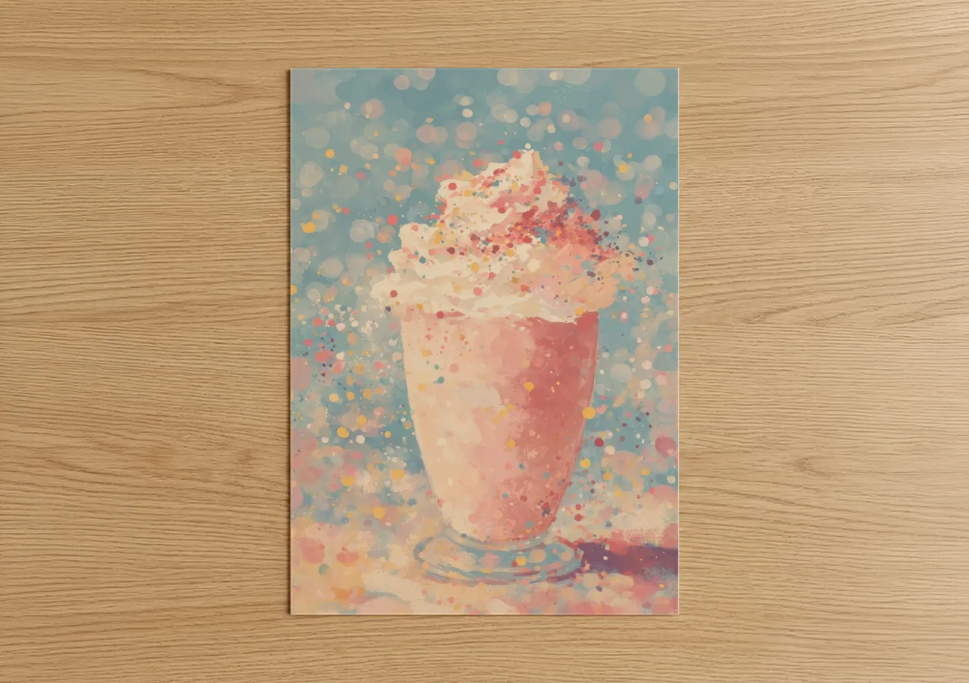 Art print on warm oak wood — peach and blue palette — Pastel Milkshake poster