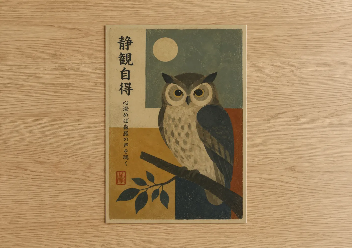 Art print on warm oak wood — beige and olive palette — Japanese Owl Moon Night Wall Art poster