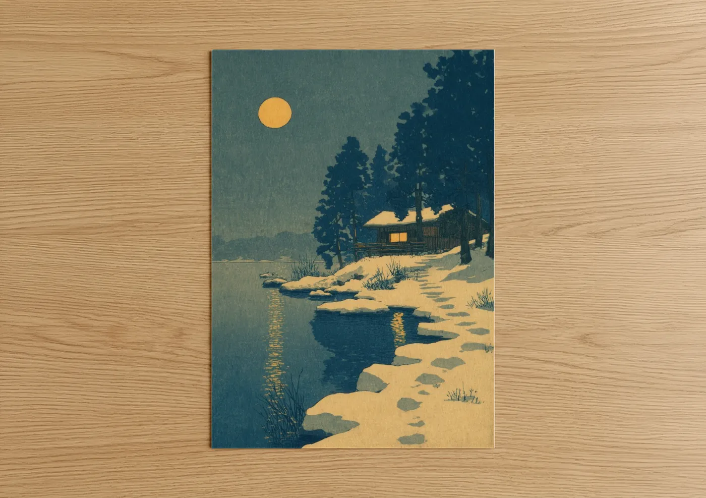 Lakes art print on warm oak wood — dark blue and gold and white palette — Snowy Lake Cabin poster