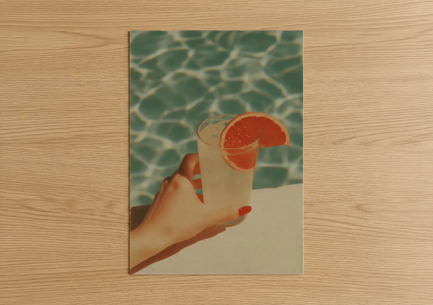 Cocktail art print on warm oak wood — peach and teal palette — Poolside Grapefruit poster