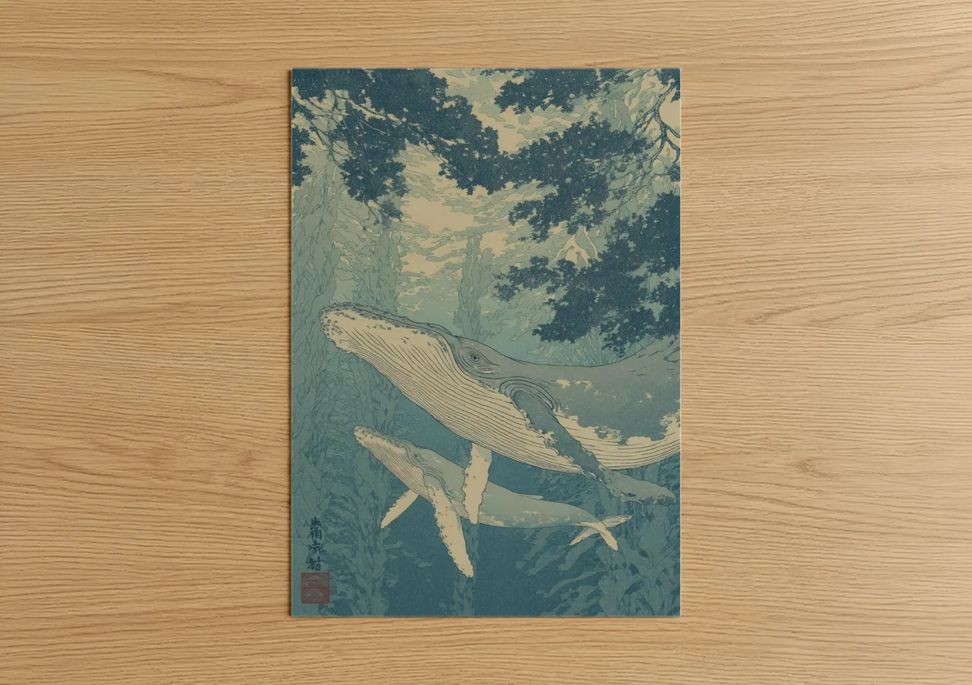 Humpback whale art print on warm oak wood — teal and cream palette — Ocean Depths Whale poster