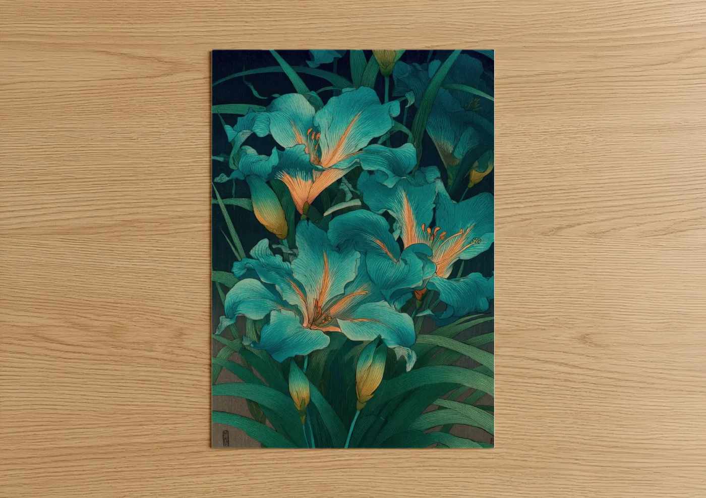 Art print on warm oak wood — teal and gold palette — Turquoise Amarillys poster