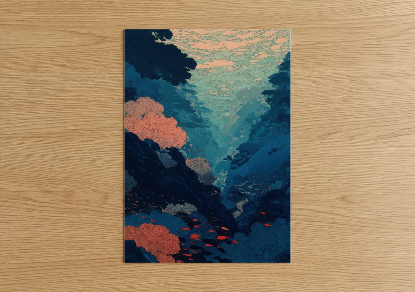 Art print on warm oak wood — blue and salmon pink palette — Coral Canyon poster
