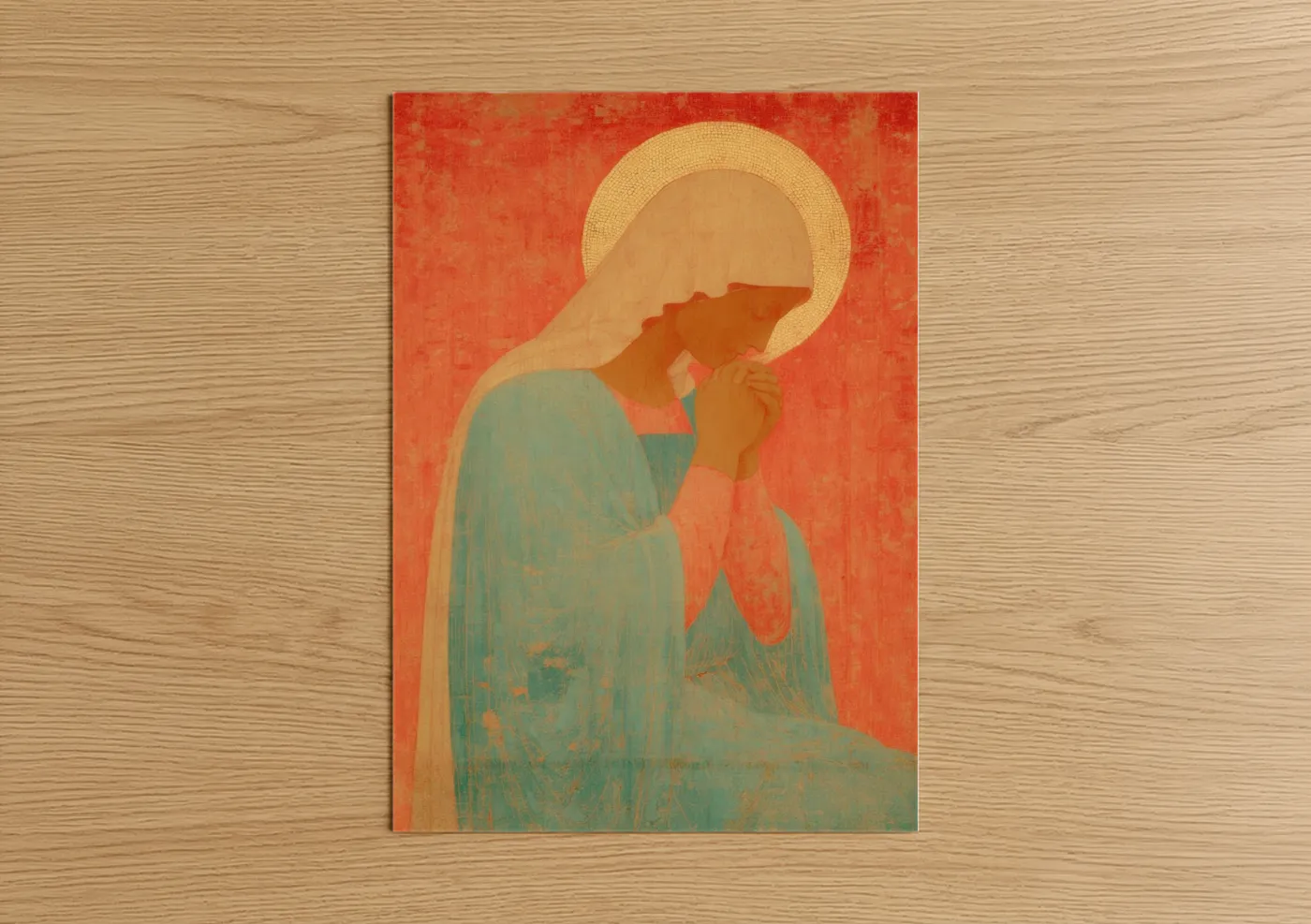 Virgin mary art print on warm oak wood — red and gold palette — Contemplative Virgin poster