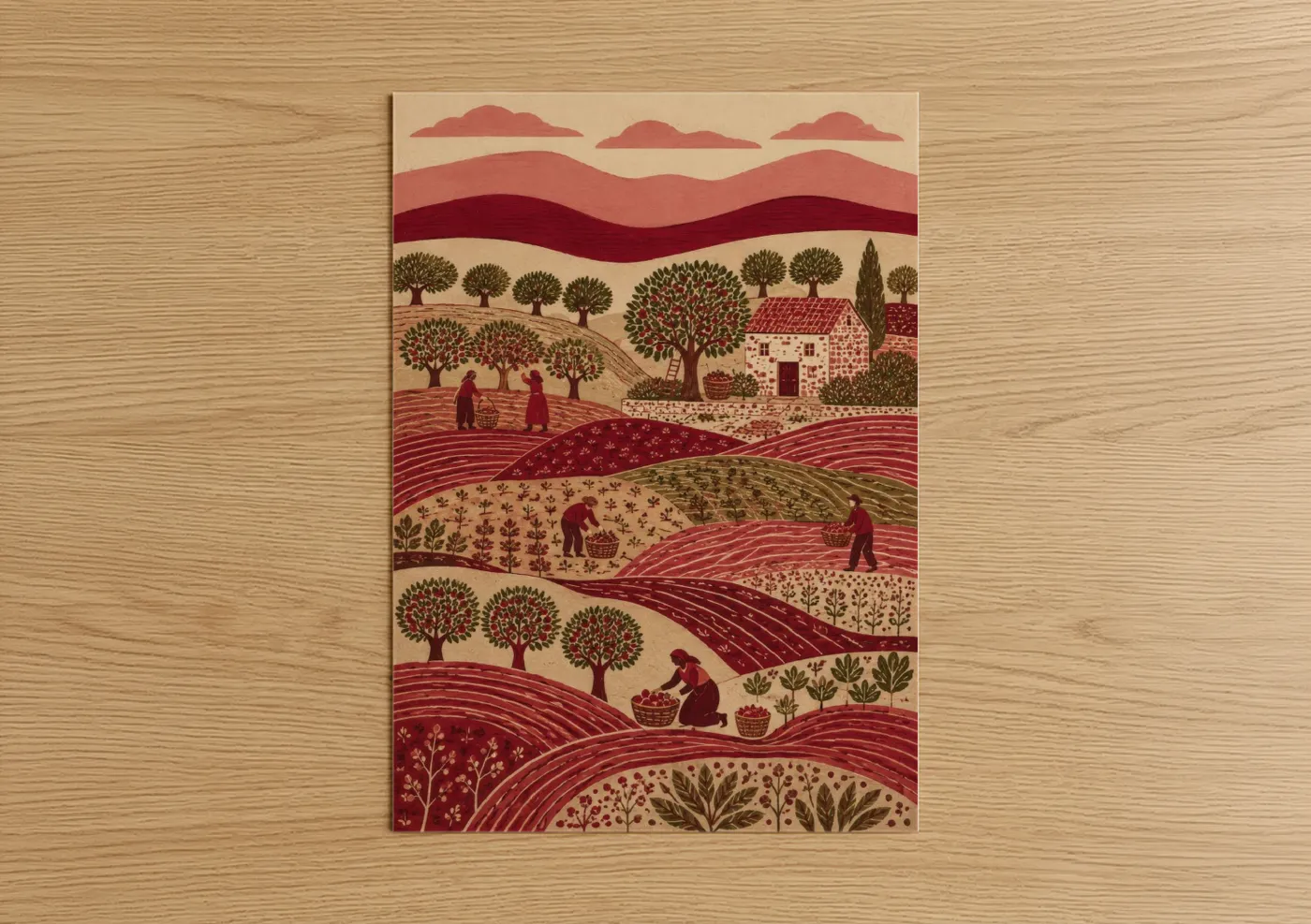 Art print on warm oak wood — maroon and beige palette — Tuscan Vineyard Harvest Village Wall Art poster