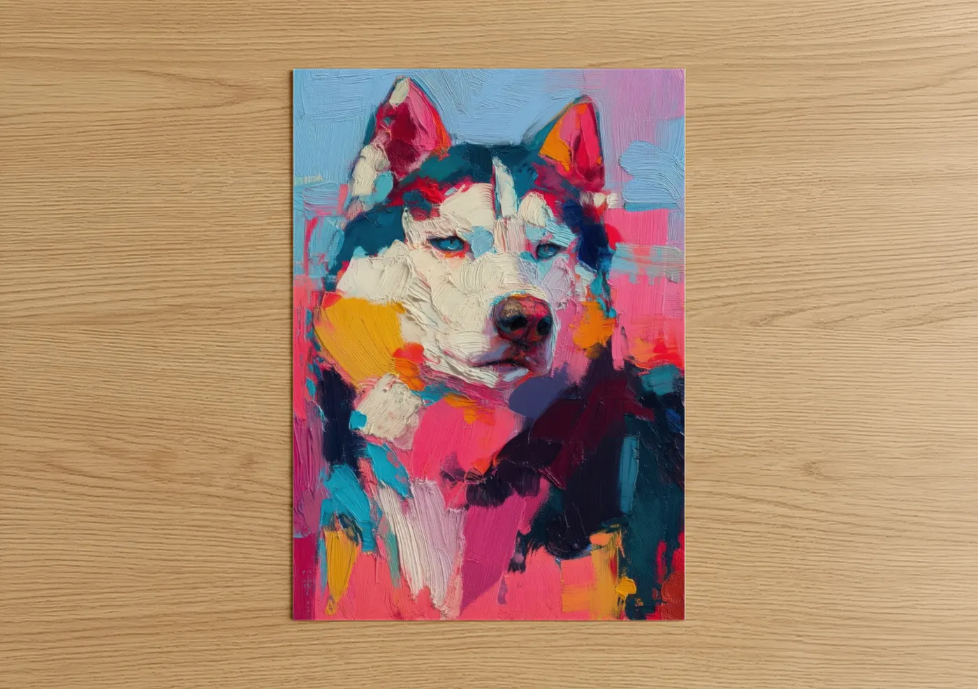 Art print on warm oak wood — magenta and blue palette — Neon Husky Portrait poster