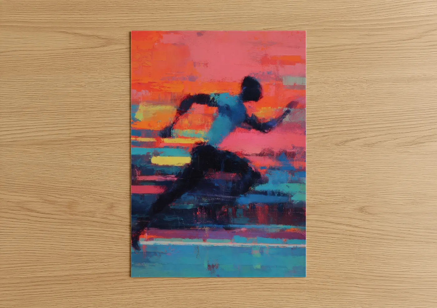 Track and field art print on warm oak wood — orange and blue palette — Dynamic Runner poster