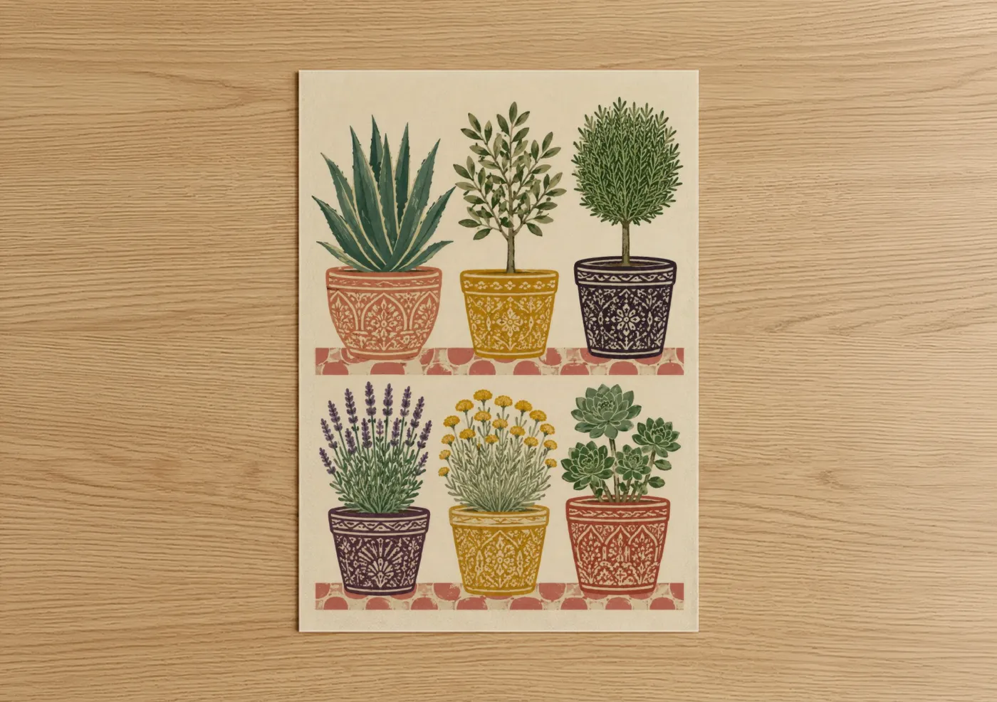 Succulent art print on warm oak wood — beige and true green palette — Botanical Potted Plants Wall Art poster