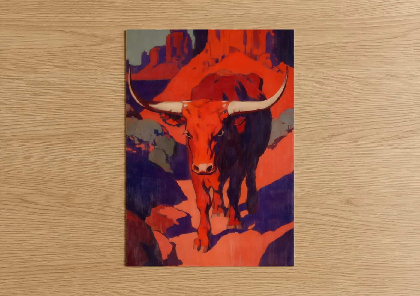 Longhorn cow art print on warm oak wood — red and purple palette — Desert Longhorn poster