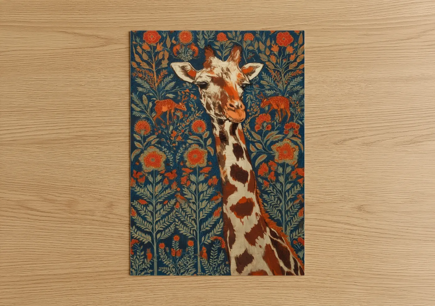 Art print on warm oak wood — dark blue and orange palette — Botanical Giraffe poster