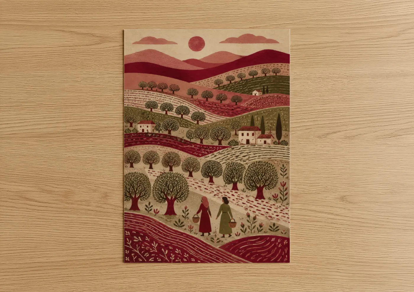 Art print on warm oak wood — maroon and beige palette — Tuscan Vineyard Village Wall Art poster