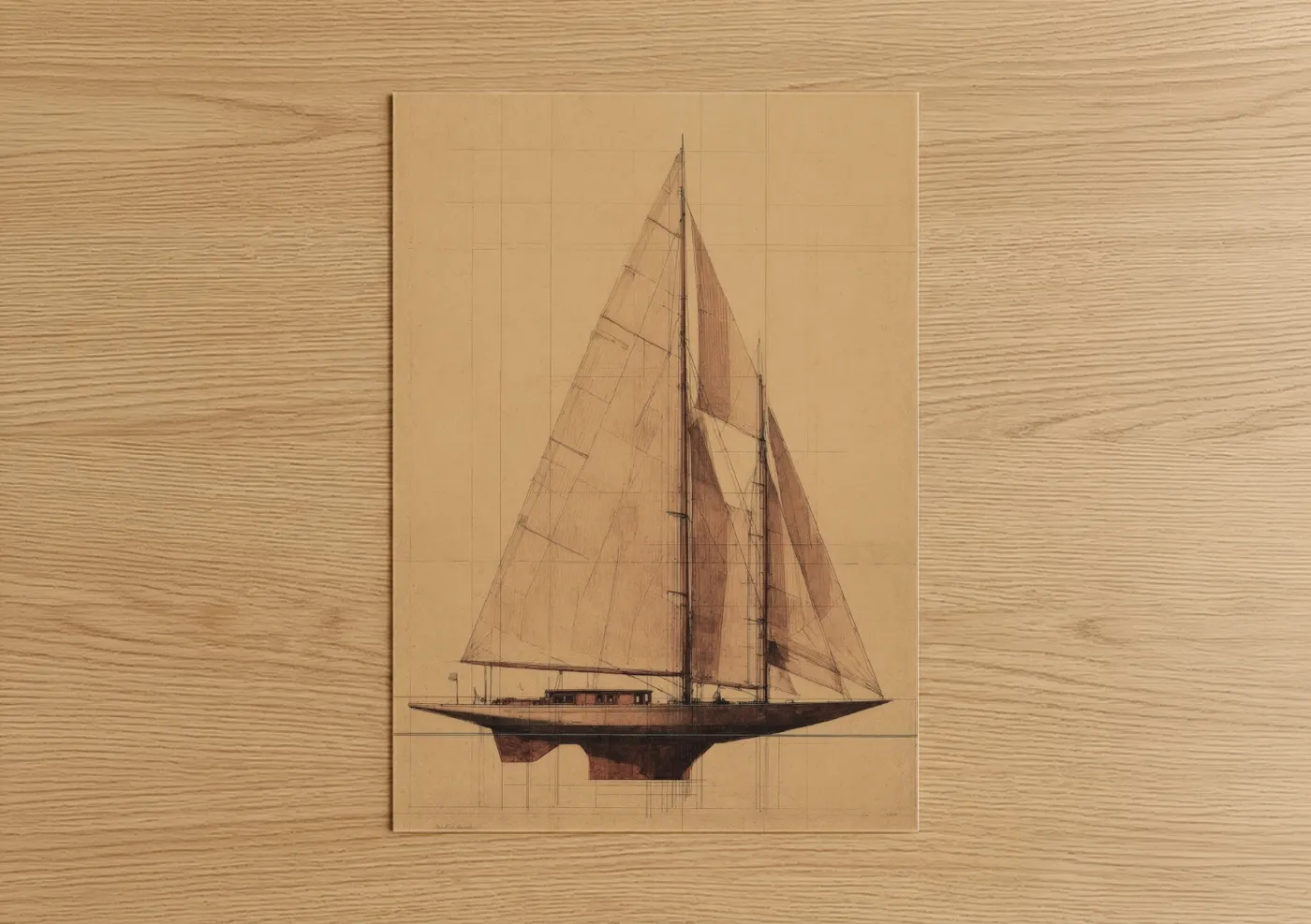 Sailing ship art print on warm oak wood — beige and brown palette — Classic Sailing Yacht poster