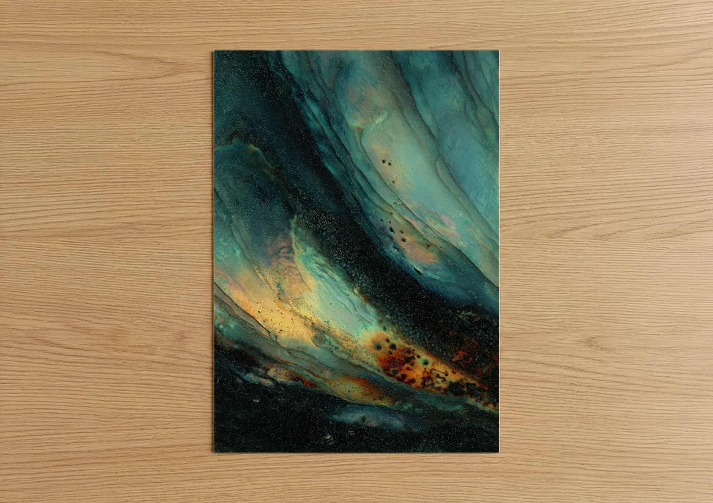 Art print on warm oak wood — teal and gold palette — Cosmic Seashell poster