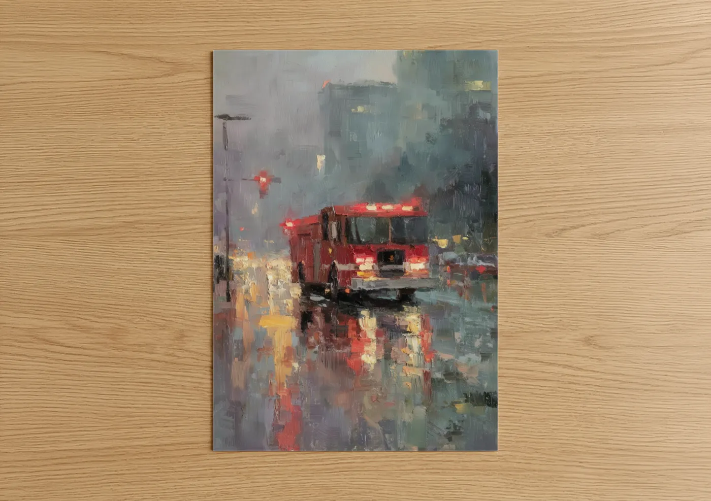 Fire Engine Rain Impressionist Urban Wall Art