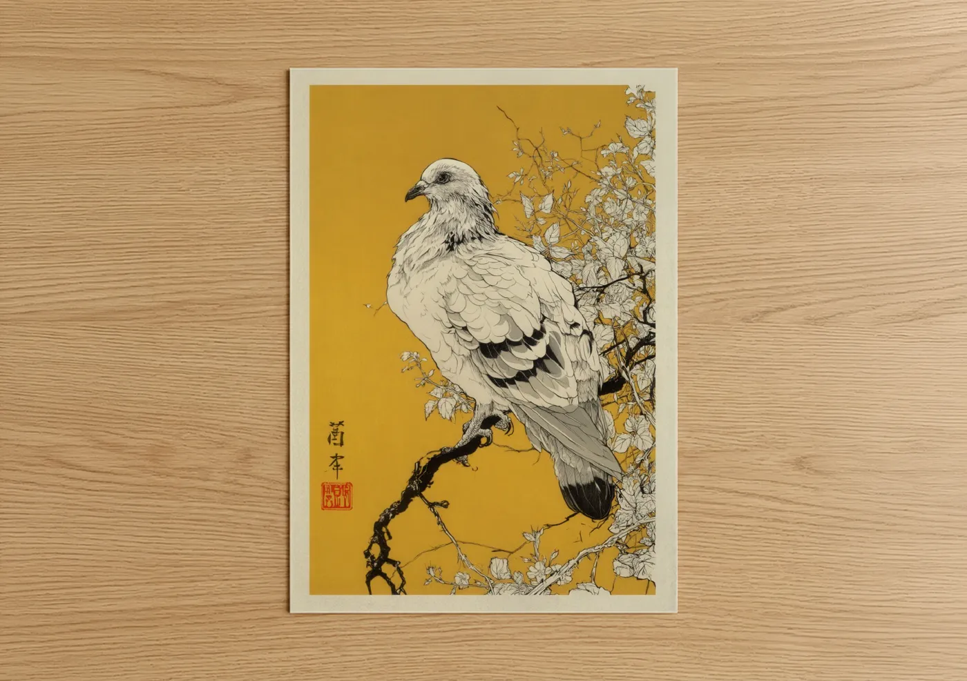 Art print on warm oak wood — gold and white palette — Golden Pigeon poster
