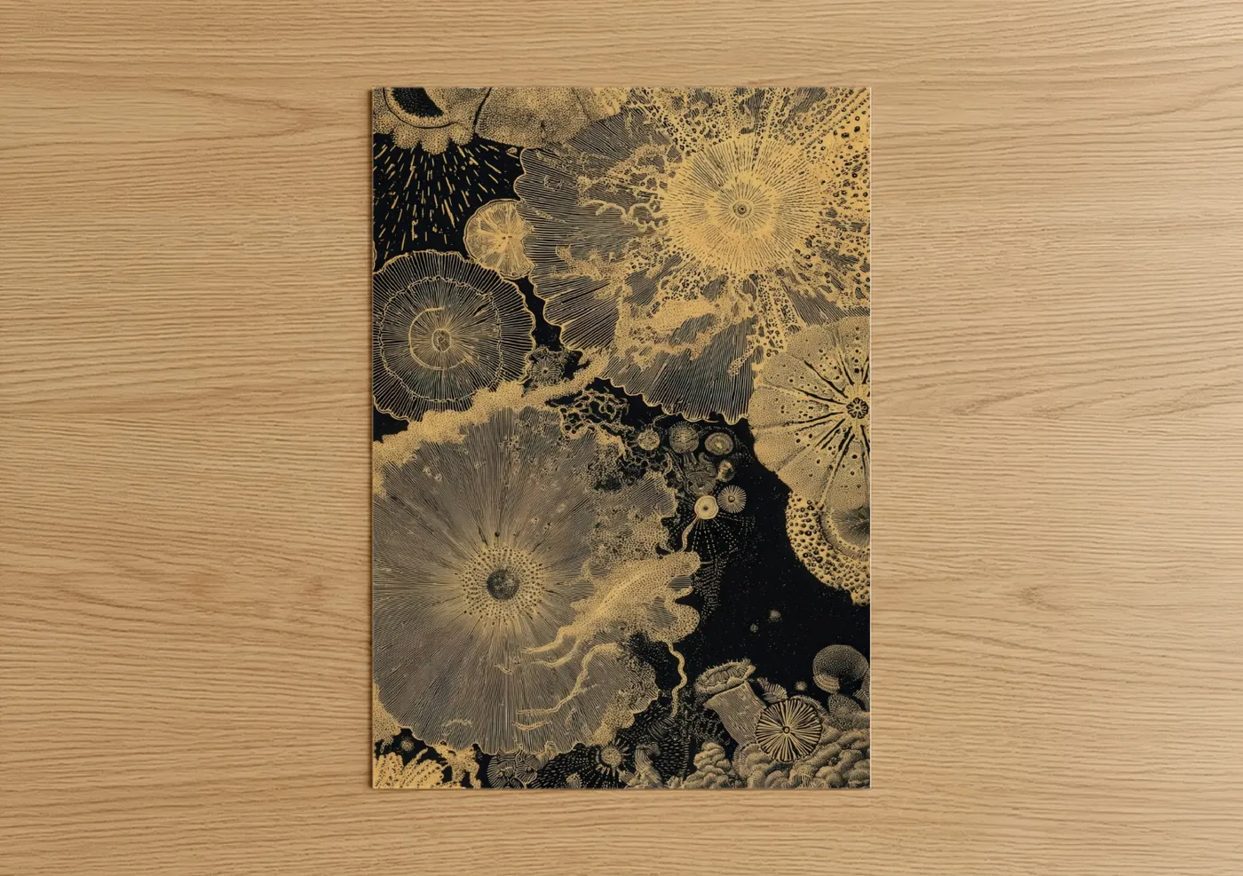 Art print on warm oak wood — gold and black palette — Golden Sea Urchin poster