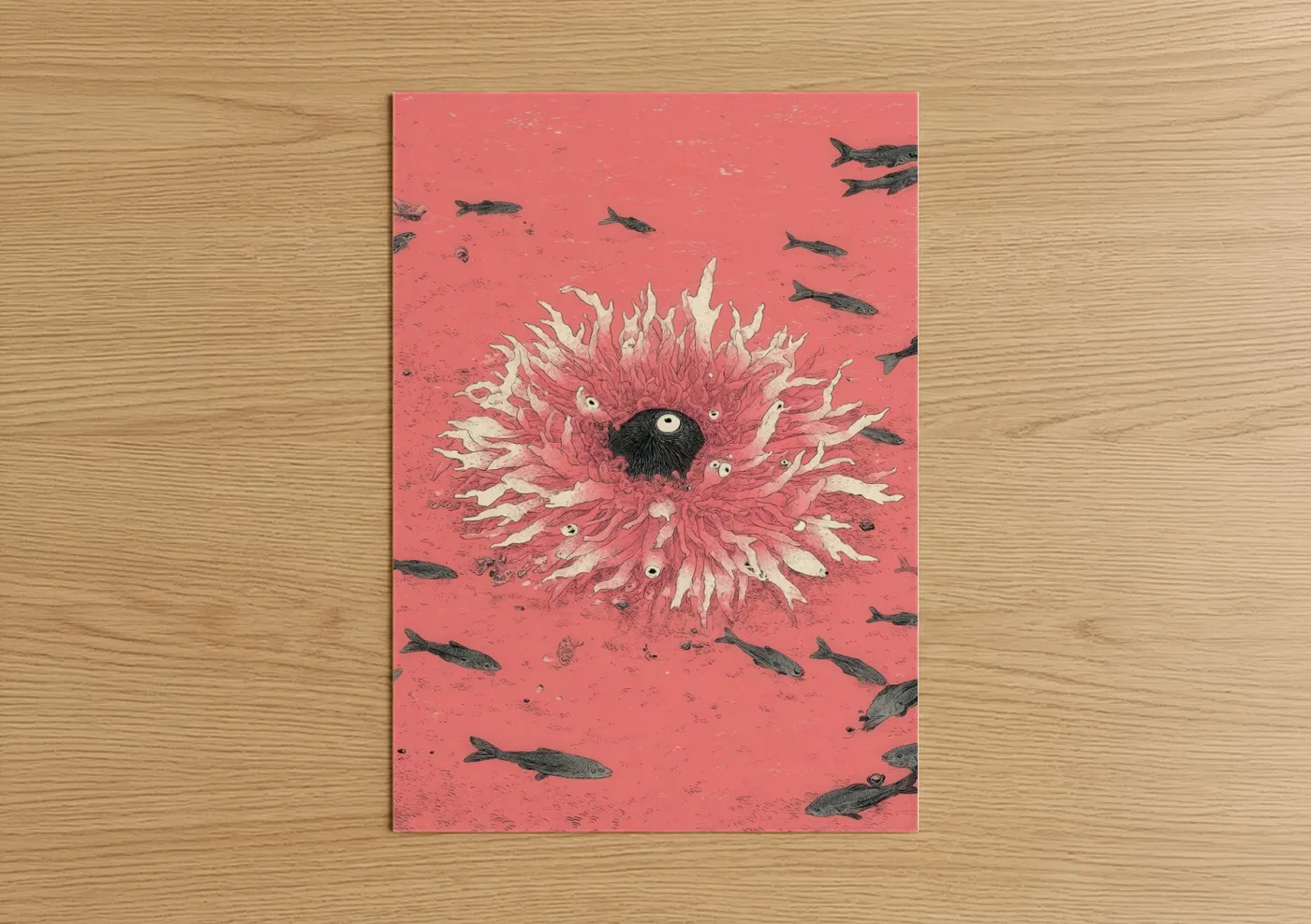Sea anemone art print on warm oak wood — salmon pink and cream palette — Coral Pink Anemone poster