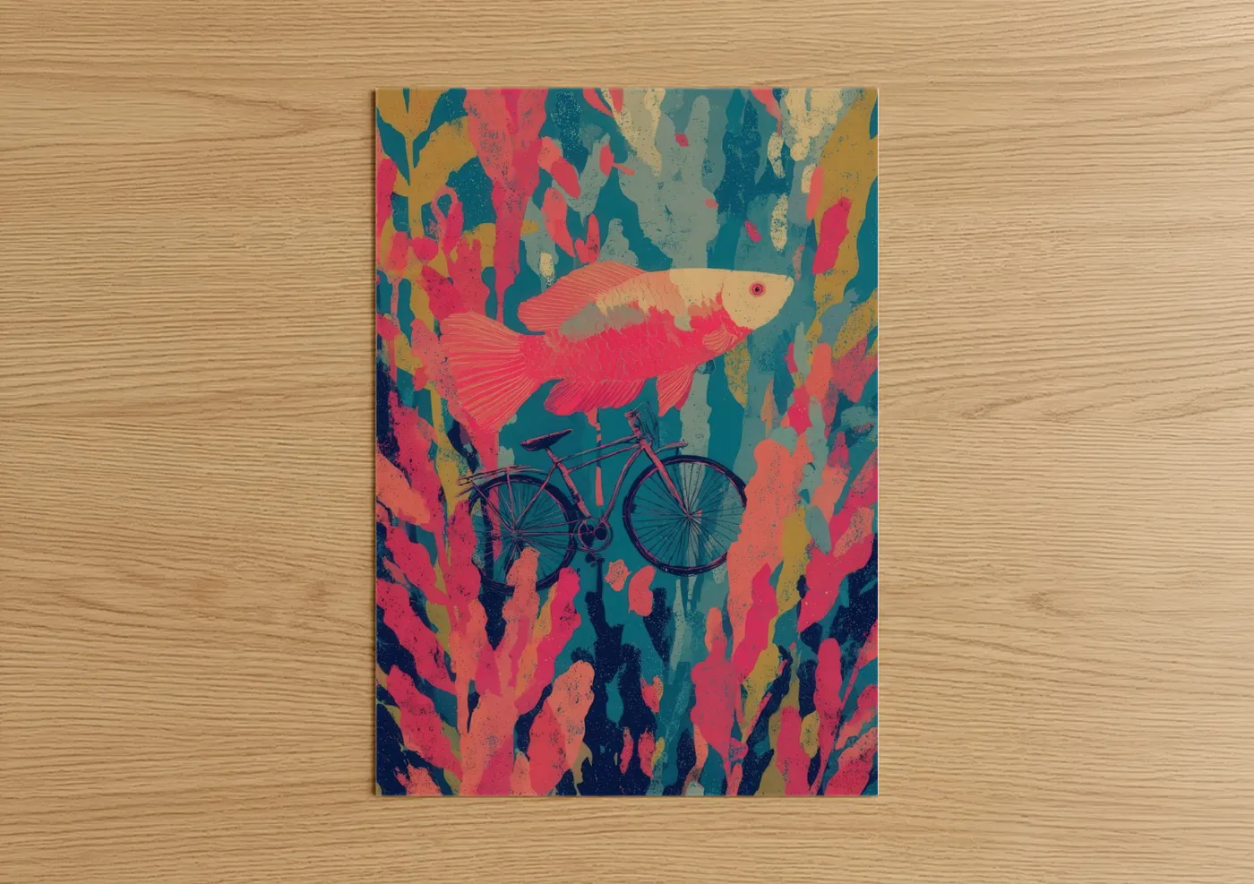 Betta fish art print on warm oak wood — magenta and teal palette — Crimson Betta Bicycle poster