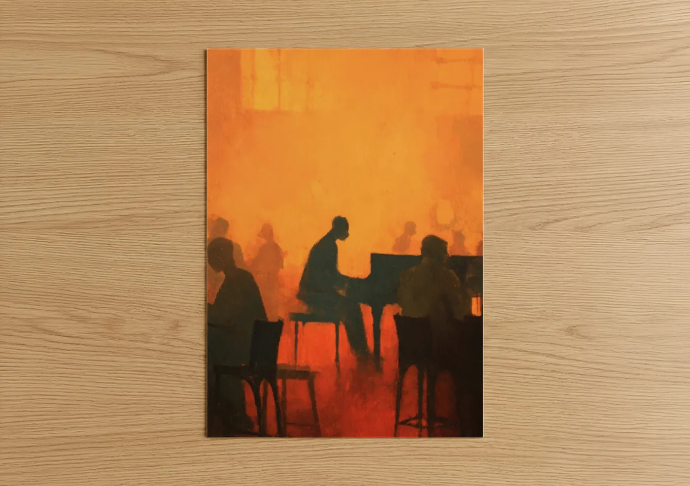 Piano art print on warm oak wood — orange and black palette — Candlelit Pianist poster