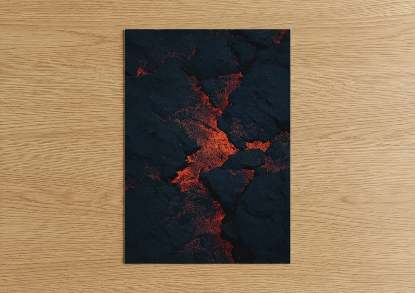 Natural stones art print on warm oak wood — black and red and orange palette — Molten Lava Flow poster