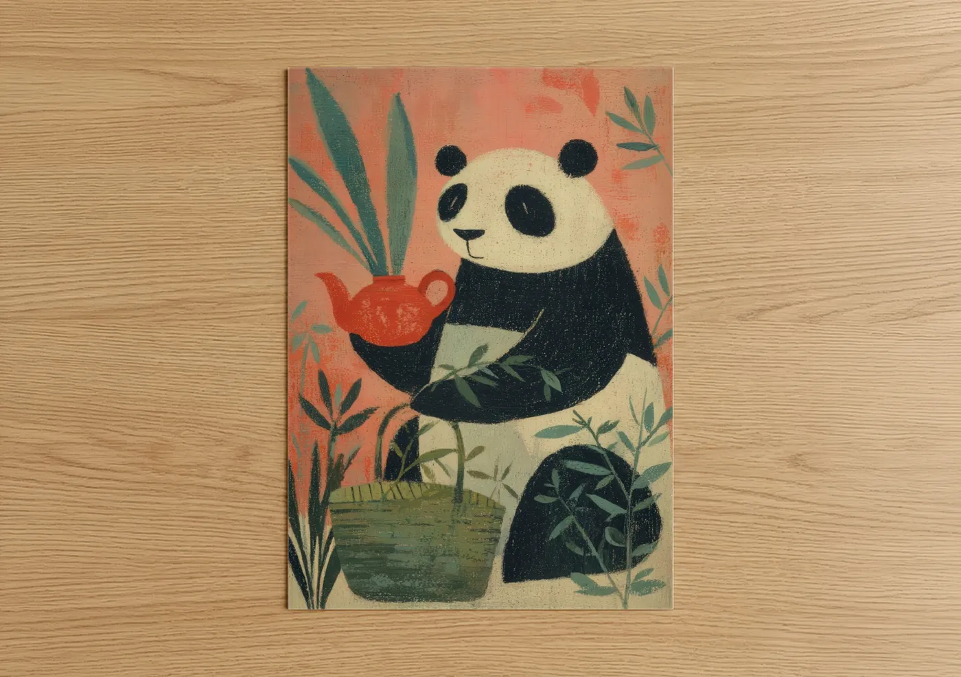 Art print on warm oak wood — peach and true green palette — Bamboo Panda poster