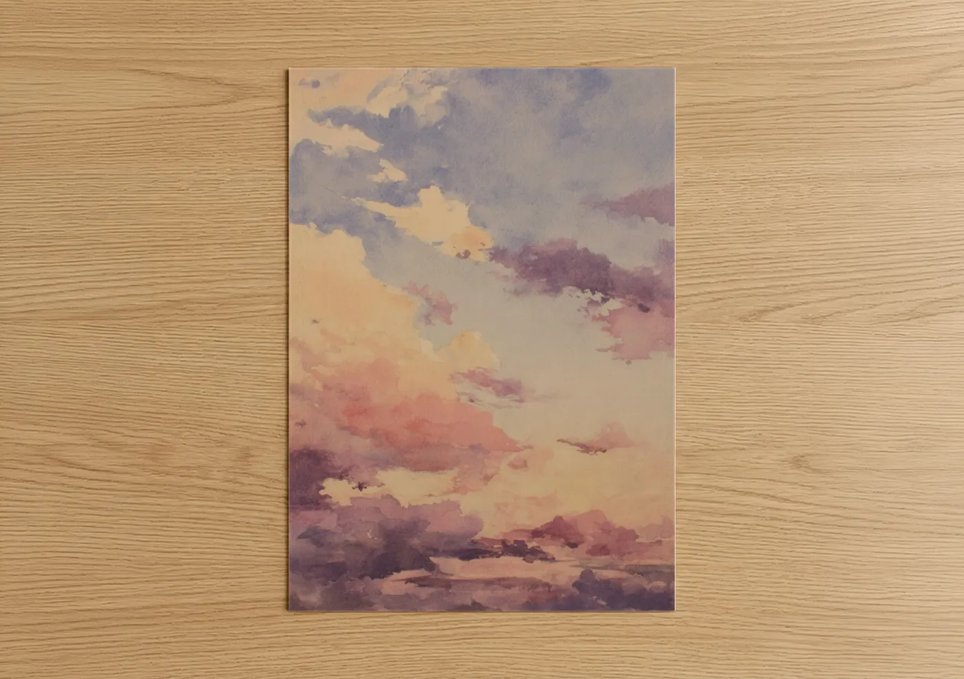 Art print on warm oak wood — cream and lavender palette — Dreamy Morning Sky poster