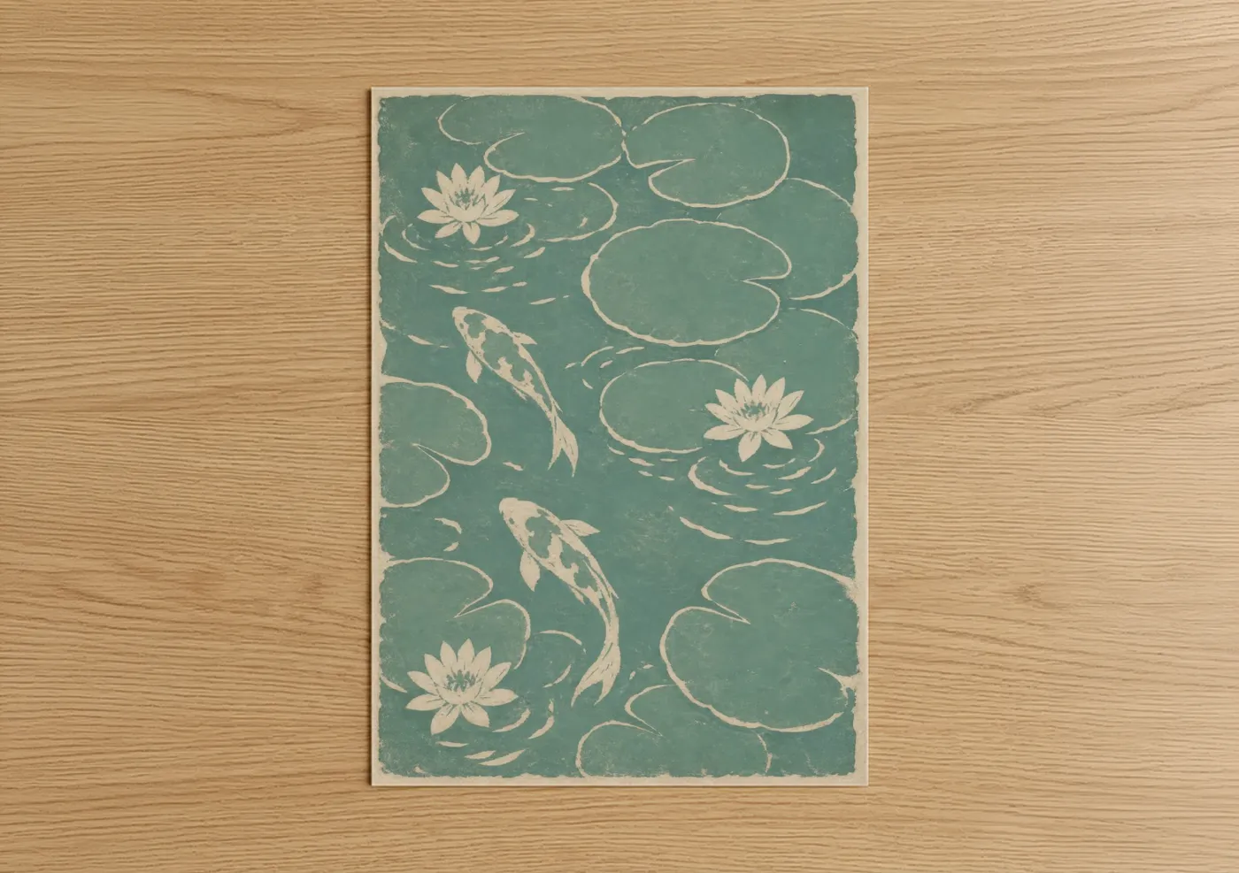 Art print on warm oak wood — teal and cream palette — Koi Fish and Lotus Pond Wall Art poster
