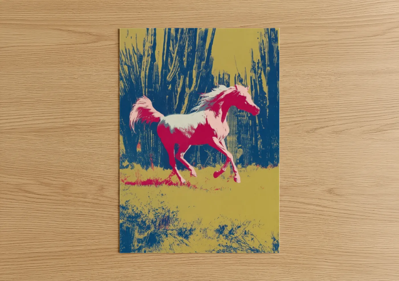 Arabian horse art print on warm oak wood — gold and royal blue palette — Crimson Arabian poster