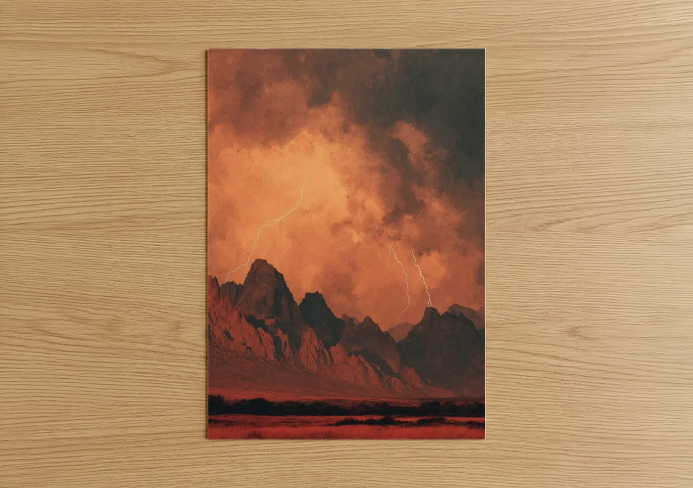 Art print on warm oak wood — russet and red palette — Crimson Storm Lightning poster