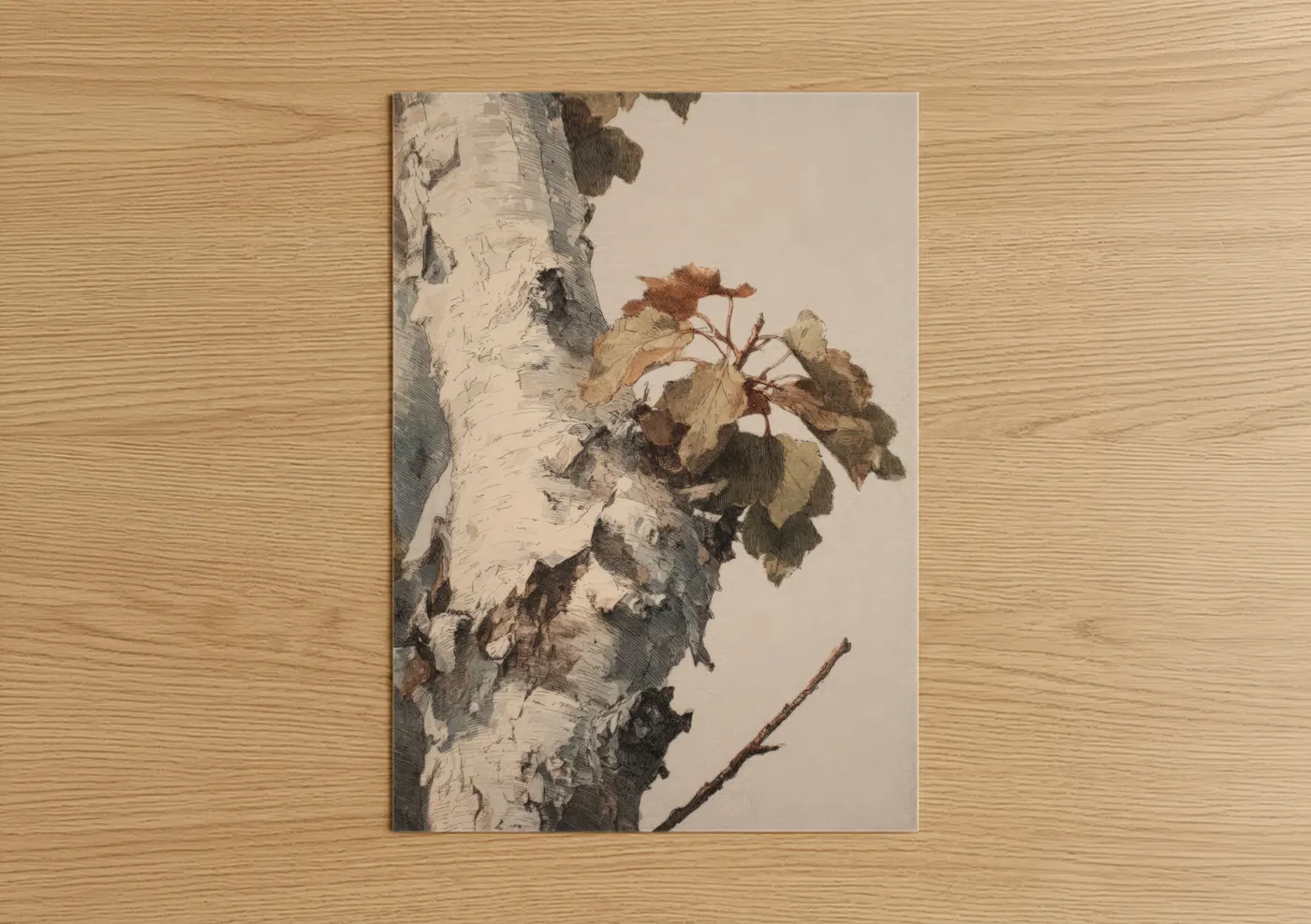 Birch tree art print on warm oak wood — beige and russet palette — Autumn Birch poster