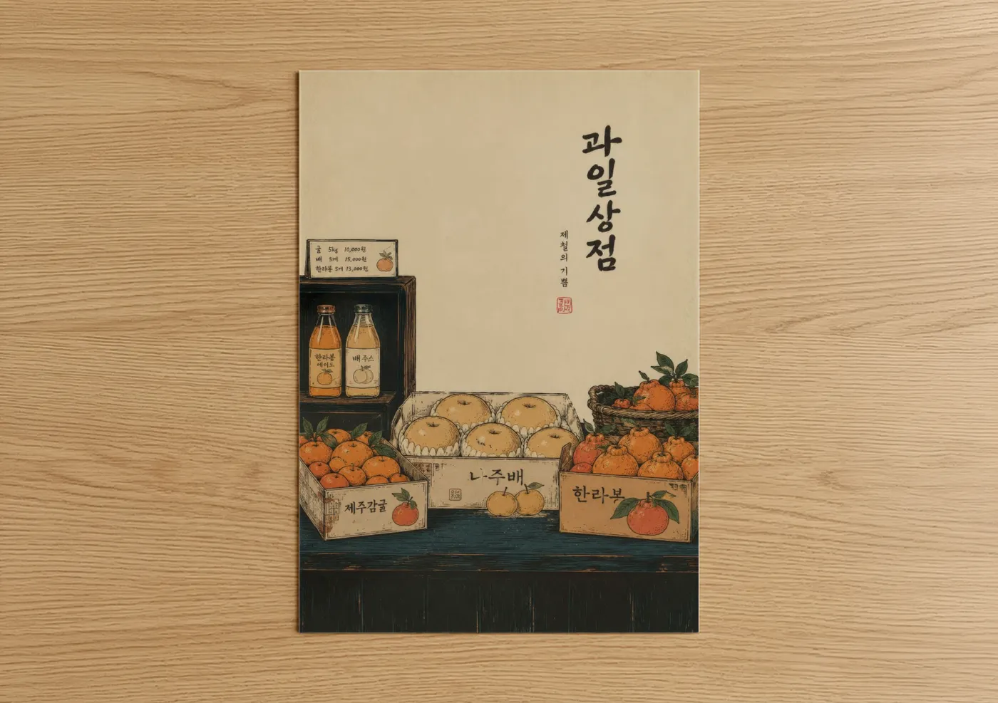 Art print on warm oak wood — beige and orange palette — Korean Fruit Market Wall Art poster