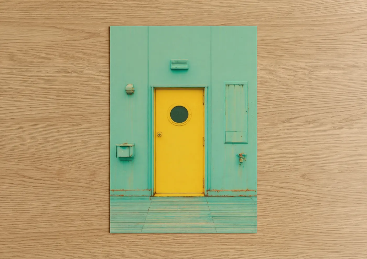Art print on warm oak wood — light green and yellow gold palette — Sunny Yellow Door poster
