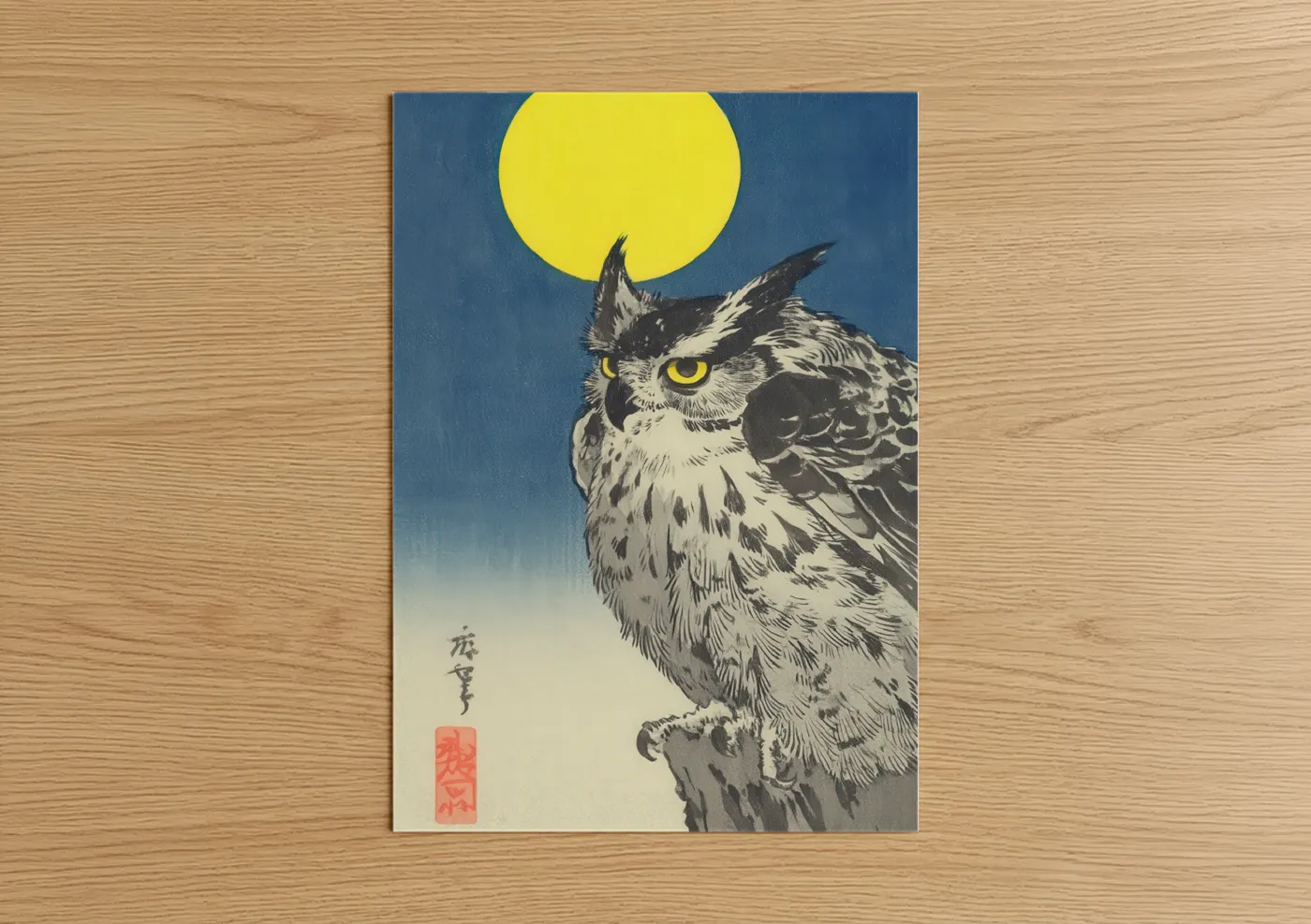Art print on warm oak wood — blue and yellow gold palette — Moonlit Owl poster