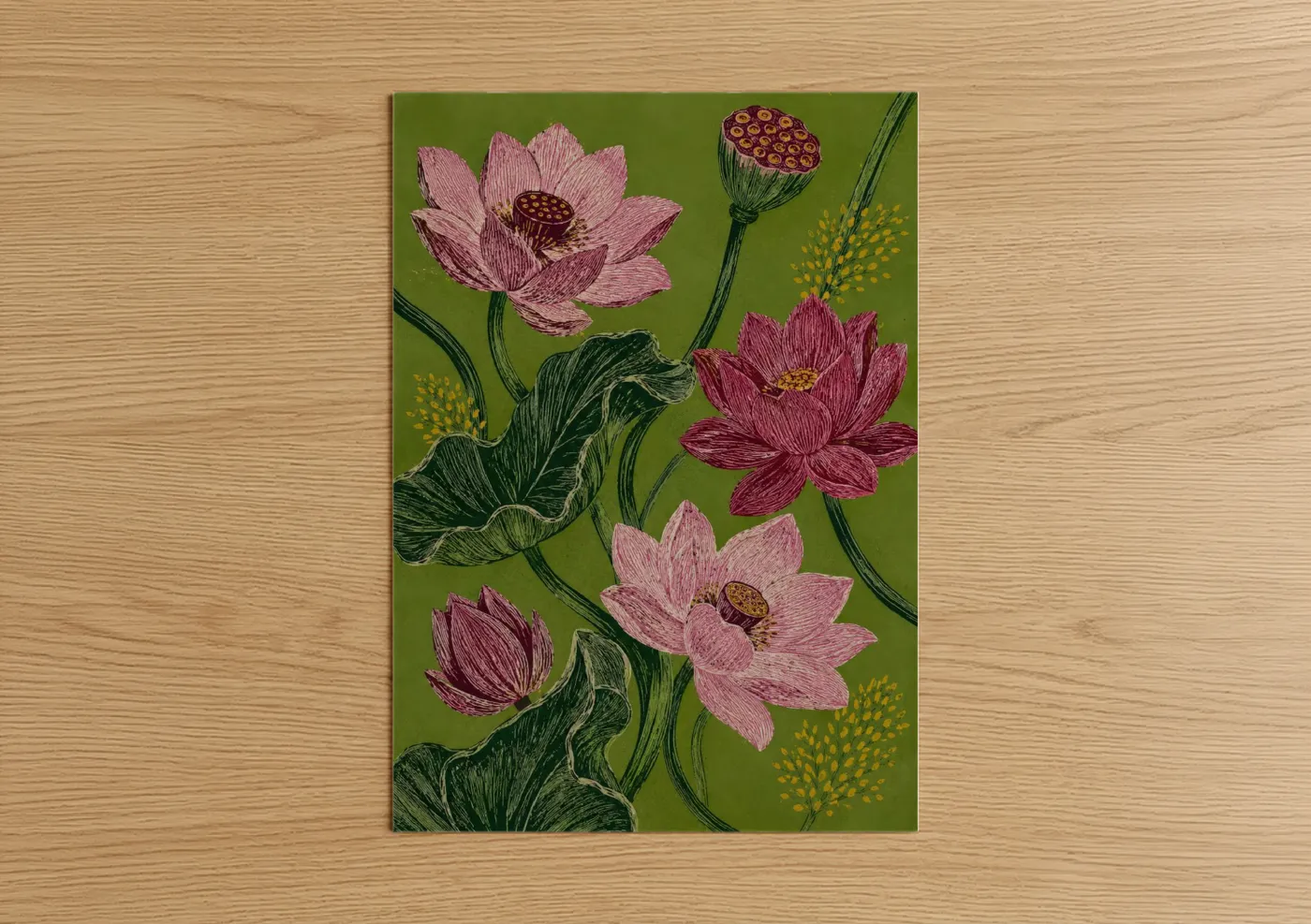 Art print on warm oak wood — pink and olive palette — Lotus Flower Woodblock Print Wall Art poster
