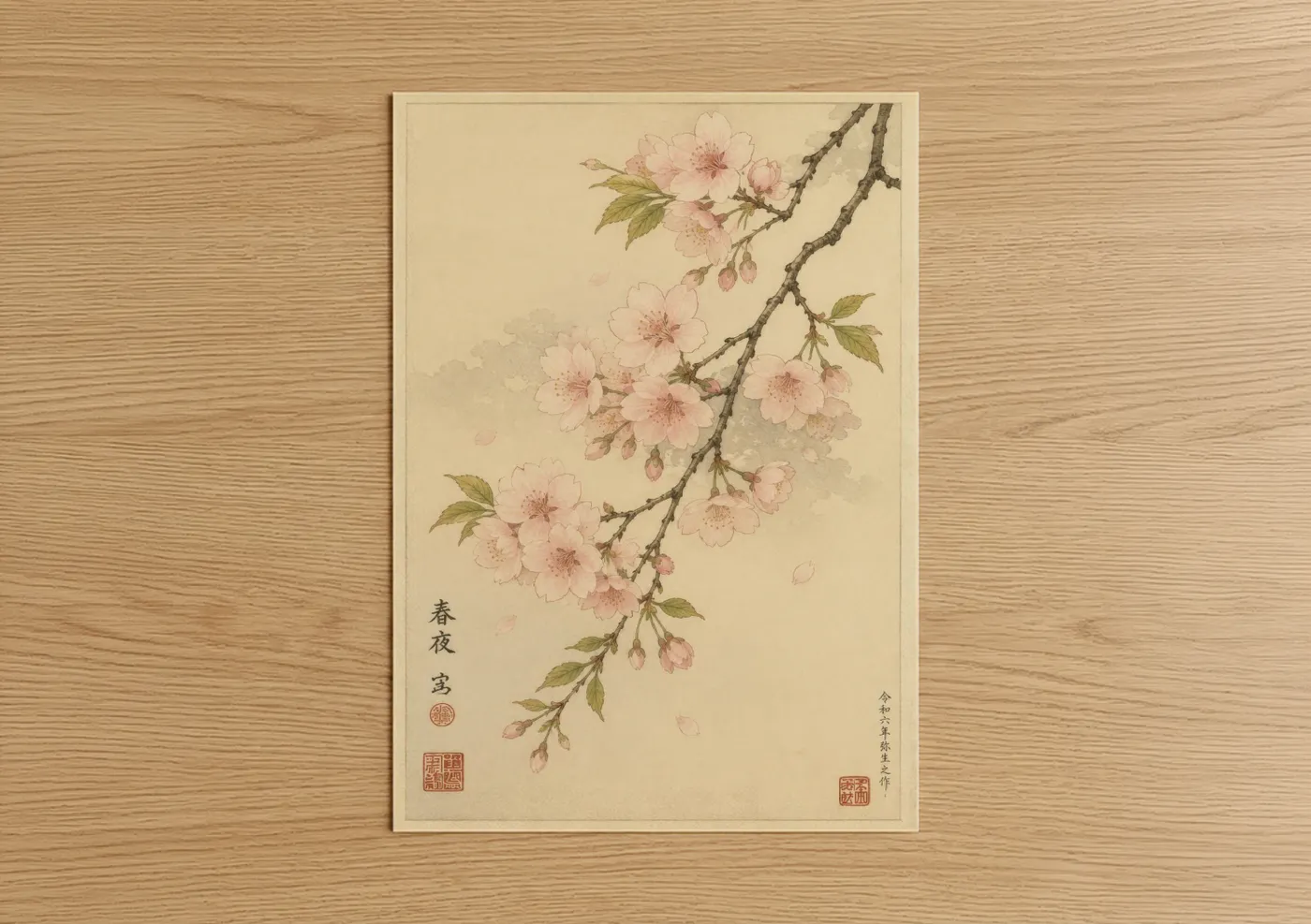 Cherry blossoms art print on warm oak wood — peach and beige palette — Cherry Blossom Branch Japanese Wall Art poster