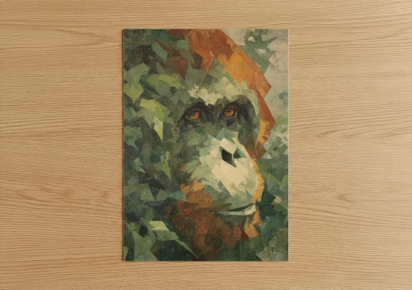 Art print on warm oak wood — olive and russet palette — Cubist Orangutan poster