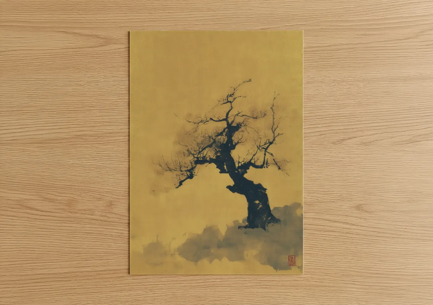Golden Desert Tree Minimalist Ink Wall Art